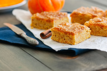 Pumpkin cornmeal bars with spices on a wooden background. Close up.