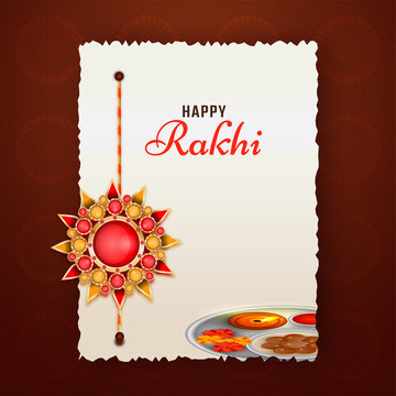 Raksha Bandhan greeting card design on brown background with beautiful rakhi (wristband) made by colorful stones.