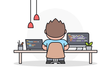 Programmer, software or web developer working on computer at office desk. Back view. Cartoon character in flat style