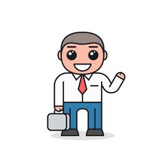 Smiling businessman in office style clothes greets. Cartoon character design. Front view