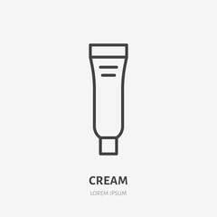Cream flat line icon. Makeup beauty care sign, illustration of skin moisturizer in plastic tube. Thin linear logo for cosmetics store.
