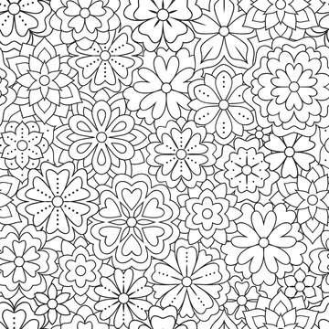 Seamless pattern with outline flowers for coloring book. Beautiful floral background for color artwork. Monochrome backdrop, summer flower drawing. Colouring line illustration.