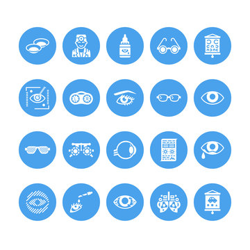 Ophthalmology, eyes health care glyph icons. Optometry equipment, contact lenses, glasses, blindness. Vision correction signs for oculist clinic. Solid silhouette pixel perfect 64x64.