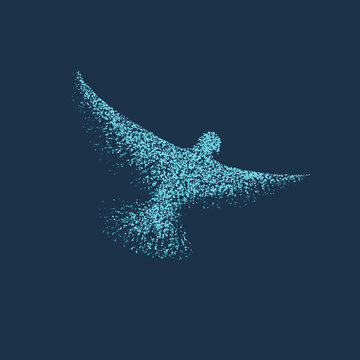 Vector blue bird made from round parcicles with spread wings.