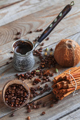 Turkish coffee theme, dark style still life decorated with spices.