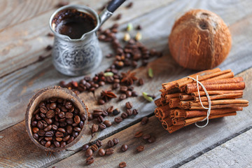 Turkish coffee theme, dark style still life decorated with spices.