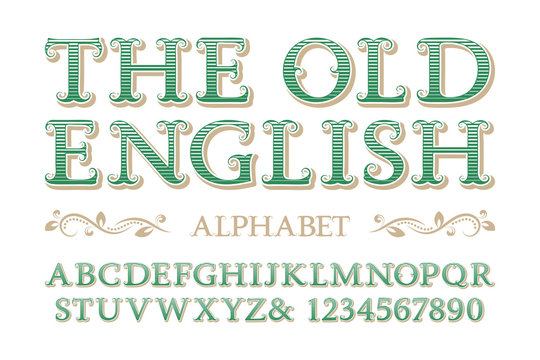 Old english alphabet with numbers in vintage style.