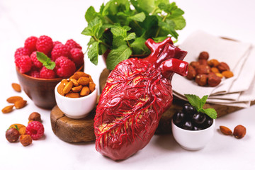 Healthy food and heart model. Nuts and berries. Medical abstract concept