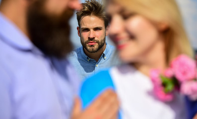 Couple romantic date lovers flirting. Lovers meeting outdoor flirt romance relations. Couple in...