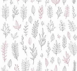 Hand drawn vintage botanical vector pattern. Seamless floral background with leaves, twigs and branches. 
