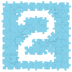 Jigsaw blue puzzles assembled like mathematical digit 2 or two on white background, puzzle board may be seamless connected along borders, 3D rendered image for math education and childish typography