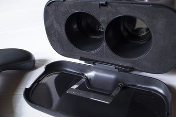 Opened virtual reality glasses, close up.