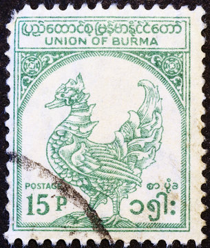 Mythological bird in old postage stamp of Myanmar