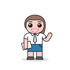 Smiling business woman greets. Cartoon character design. Front view