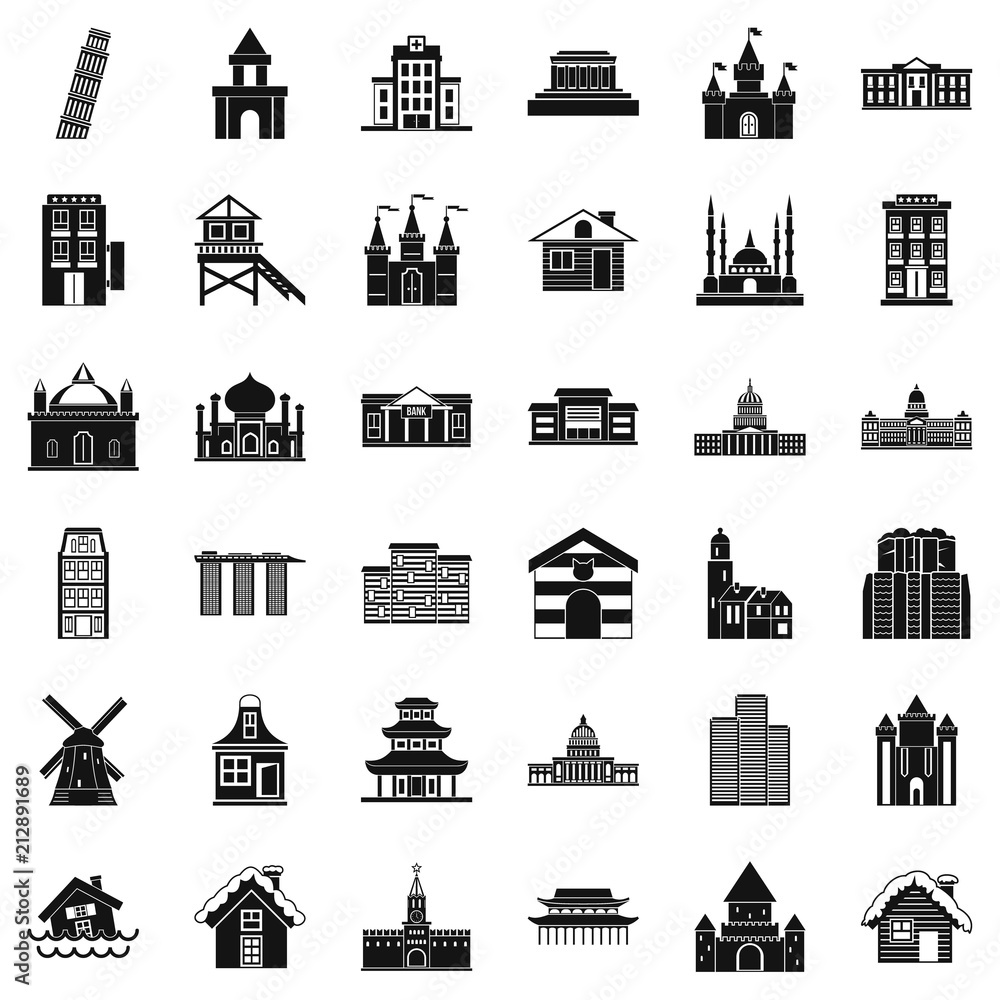 Poster building icons set. simple style of 36 building vector icons for web isolated on white background