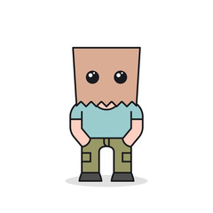Man with brown paper bag on head. Cartoon character design. Front view