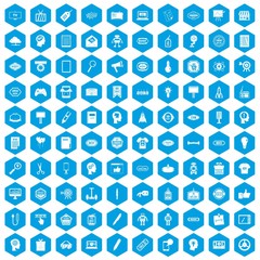 100 creative marketing icons set in blue hexagon isolated vector illustration