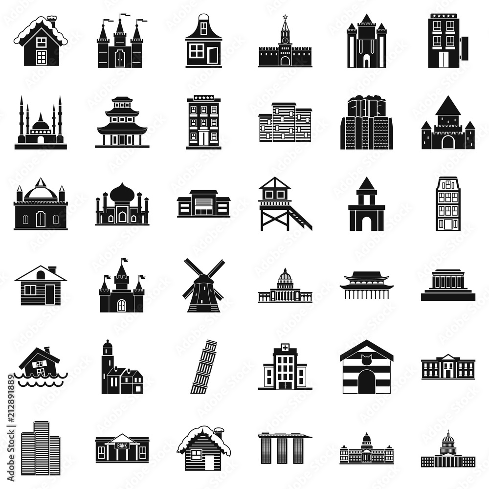 Poster tower building icons set. simple style of 36 tower building vector icons for web isolated on white b