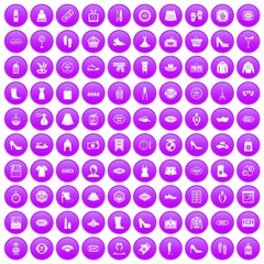 100 woman shopping icons set in purple circle isolated on white vector illustration