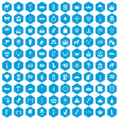 100 crown icons set in blue hexagon isolated vector illustration
