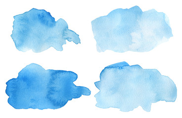 Watercolor splashes in blue. Hand painted splatters, blobs. Grunge backgrounds.