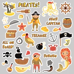 Fotobehang Piraten Set van piraten vector cartoon stickers. Avonturen en Piratenfeeststicker voor de kleuterschool. Kinderen Avontuur, schat, piraten, octopus, walvis, schip - Kinderen tekenen vector cartoon stickers over