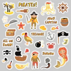 Fototapete Piraten Satz von Piraten-Vektor-Cartoon-Aufklebern. Abenteuer- und Piratenpartyaufkleber für den Kindergarten. Kinderabenteuer, Schatz, Piraten, Krake, Wal, Schiff - Kinder, die Vektor-Cartoon-Aufkleber über zeichnen