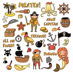 Papier Peint photo Pirates Ensemble d& 39 objets de dessin animé de vecteur de pirates. Aventures et fête des pirates pour la maternelle. Enfants Aventure, trésor, pirates, poulpe, baleine, bateau - Enfants dessinant des objets de dessins animés vectoriels sur les pirates et