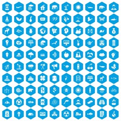 Fototapeta na wymiar 100 eco care icons set in blue hexagon isolated vector illustration