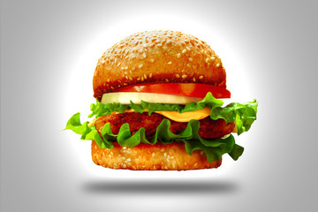 Flying Big Burger Isolated On A Gray Background
