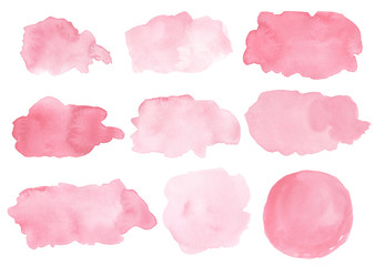 Watercolor splashes isolated on white background. Pink background blobs. Hand drawn painted design elements.