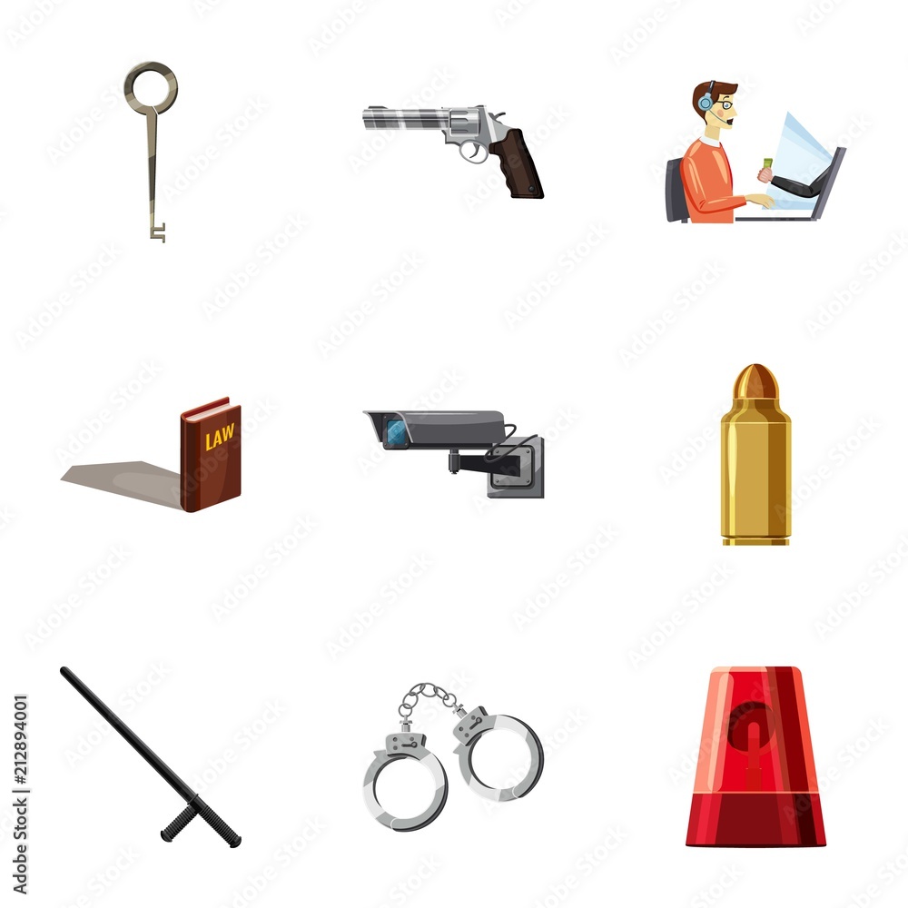Poster crime scene icons set. cartoon set of 9 crime scene vector icons for web isolated on white backgroun