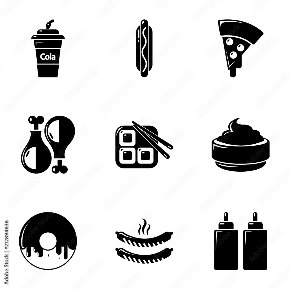 Poster unhealthy food icons set. simple set of 9 unhealthy food vector icons for web isolated on white back
