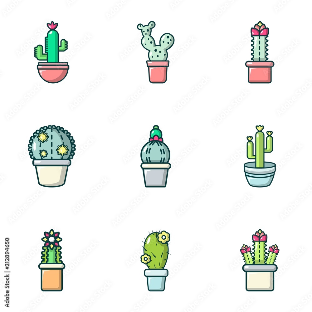Poster cactus in a pot icons set. outline set of 9 cactus in a pot vector icons for web isolated on white b