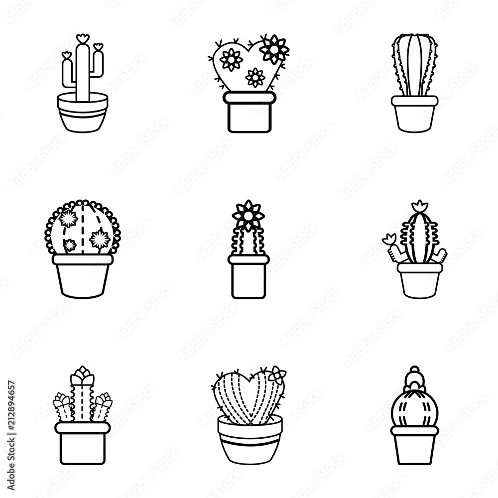 Poster cactus in a pot icons set. outline set of 9 cactus in a pot vector icons for web isolated on white b