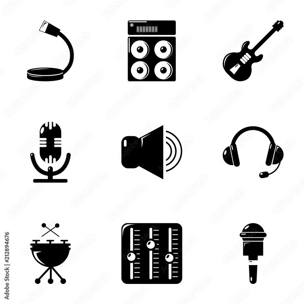 Poster music stuff icons set. simple set of 9 music stuff vector icons for web isolated on white background