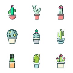 Cactus in a pot icons set. Outline set of 9 cactus in a pot vector icons for web isolated on white background
