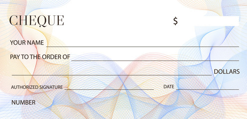 Fototapeta na wymiar Cheque (Check template), Chequebook template. Blank bank cheque with guilloche pattern and business abstract watermark. Background for banknote design, Voucher, Gift certificate, Coupon, ticket, money