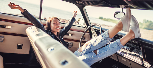 Woman with retro car