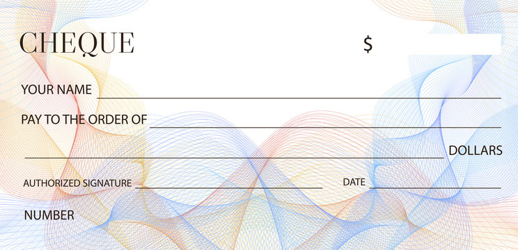 Cheque (Check template), Chequebook template. Blank bank cheque with guilloche pattern and business abstract watermark. Background for banknote design, Voucher, Gift certificate, Coupon, ticket, money