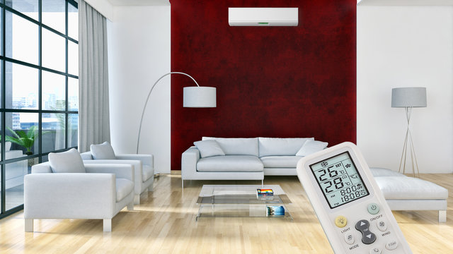 Modern interior apartment with air conditioning and remote control 3D rendering illustration