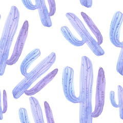 Seamless pattern with decorative cactus on a white background. Watercolor illustration