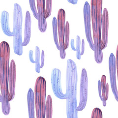 Seamless pattern with decorative purple cactus on a white background. Watercolor illustration ©  OllyKo