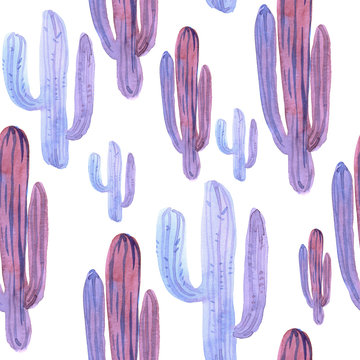 Seamless pattern with decorative purple cactus on a white background. Watercolor illustration