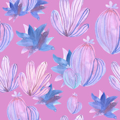 Seamless pattern with decorative purple and pink succulents and cactuses on a pink background. Watercolor illustration