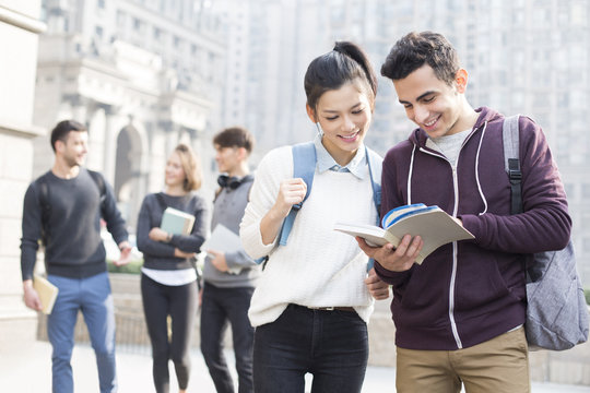 Cheerful abroad students talking on campus