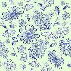 Fototapeta na wymiar Flower drawing by hand seamless pattern on a light pastel background