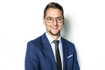 Handsome car salesman on white background