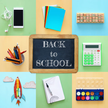 Back To School Collage Concept. School Objects And Supply With Classroom Blackboard.