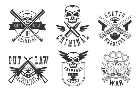 Vector set of emblems related to criminal theme. Ghetto warriors. Monochrome labels with weapons, bullets, crossed bits and skulls